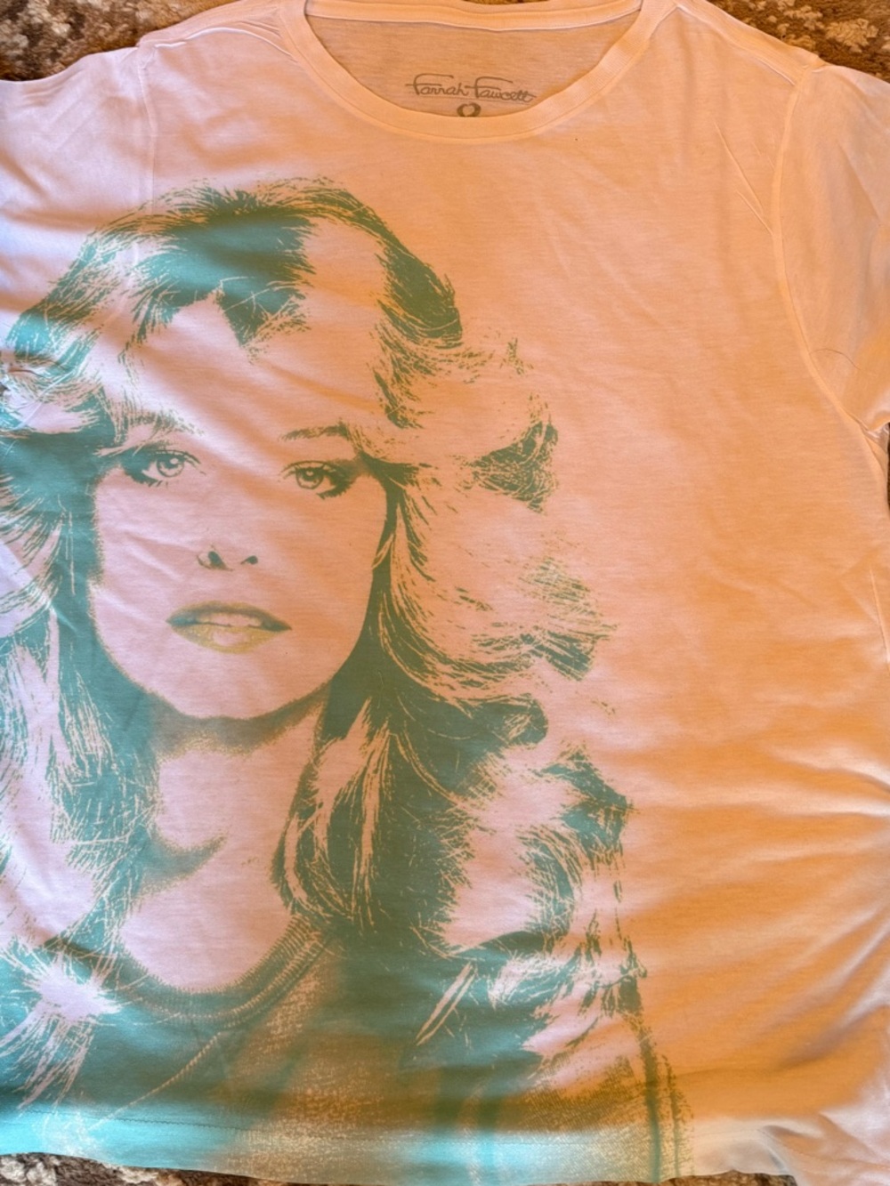 Farrah Fawcett White Tee with Teal Portrait Graphic